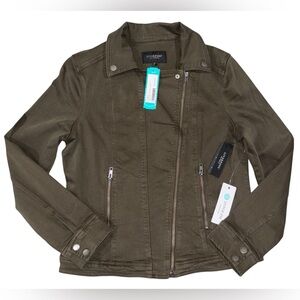 NWT Liverpool Bradford Moto Denim Jacket Olive Green Size M